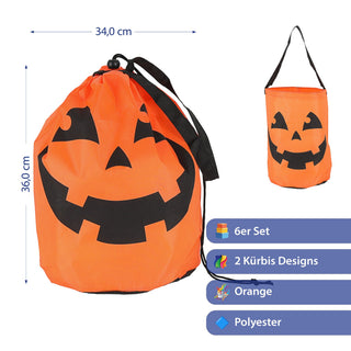 Halloween Sammelbeutel 6er Set Kürbisgesicht schwarz orange 36x34cm Polyester Sammler Kürbisbeutel Süßes oder Saures Sammeltasche