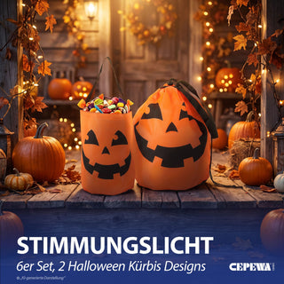 Halloween Sammelbeutel 6er Set Kürbisgesicht schwarz orange 36x34cm Polyester Sammler Kürbisbeutel Süßes oder Saures Sammeltasche