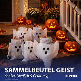 Halloween Sammelbeutel 6er Set Geist schwarz weiß 37x50cm Polyester Sammler Gespenst Beutel Süßes oder Saures Sammeltasche