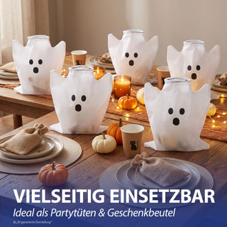 Halloween Sammelbeutel 6er Set Geist schwarz weiß 37x50cm Polyester Sammler Gespenst Beutel Süßes oder Saures Sammeltasche