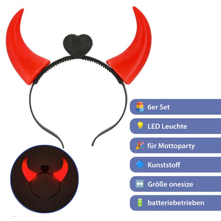 LED Haarreif Teufel 6er Set rot schwarz Kunststoff Halloween-Party Kopfschmuck Kostümzubehör Teufelshörner rot leuchtend Kopfschmuck Partyaccessoire