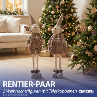 Rentier mit Teleskopbeinen ca. 88cm 2er Set 26x58x16cm Polyester Eisen Brauntöne Wichtel Paar Mann Frau Elch Adventsdeko Weihnachtsfigur