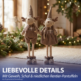 Rentier mit Teleskopbeinen ca. 88cm 2er Set 26x58x16cm Polyester Eisen Brauntöne Wichtel Paar Mann Frau Elch Adventsdeko Weihnachtsfigur