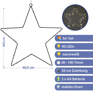 LED Stern zum Aufhängen 3er Set 40 LEDs Eisen Ø40cm warmweiß Timerfunktion batteriebetrieben Metallstern Weihnachtsstern Leuchtstern