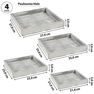 Holztablett 4er Set 4 Größen Holzstärke 1cm Paulowniaholz grau quadratisch Tablett Dekotablett Servierschale