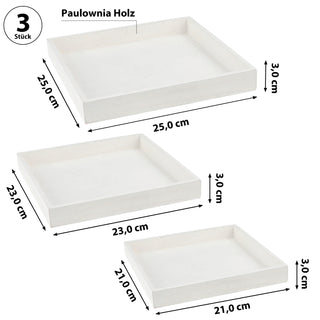 Holztablett 3er Set 3 Größen Holzstärke 1cm Paulowniaholz weiß quadratisch Tablett Dekotablett Servierschale