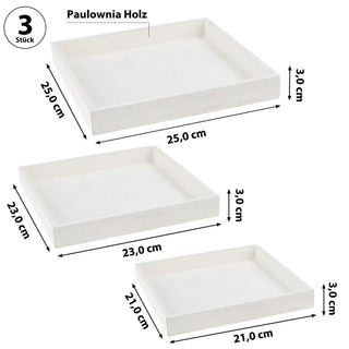 Holztablett 3er Set 3 Größen Holzstärke 1cm Paulowniaholz weiß quadratisch Tablett Dekotablett Servierschale