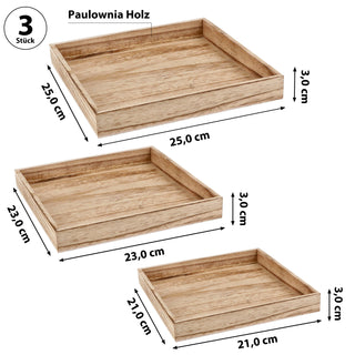 Holztablett 3er Set 3 Größen Holzstärke 1cm Paulowniaholz natur geflammt quadratisch Tablett Dekotablett Servierschale