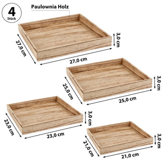Holztablett 4er Set 4 Größen Holzstärke 1cm Paulowniaholz natur geflammt quadratisch Tablett Dekotablett Servierschale