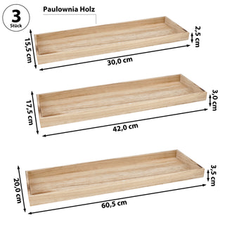 Holztablett 3er Set 3 Größen Holzstärke 1cm Paulowniaholz natur geflammt rechteckig Tablett Dekotablett Servierschale