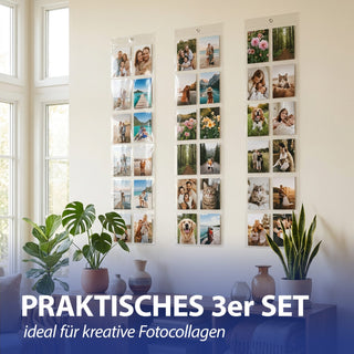 Bilderhänger 3er Set zum Aufhängen 16x68cm PVC transparent 6 Bilder 15x10cm Metallöse Fotovorhang Kartengalerie Bildergalerie Collage für Erinnerungsfotos