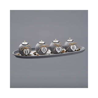 Modernes Kugelteelichthalter Set HOME 51cm in grau auf Ovalem Tablett mit Steine