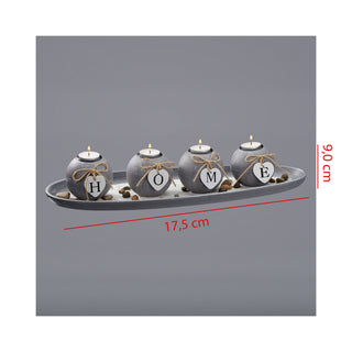 Modernes Kugelteelichthalter Set HOME 51cm in grau auf Ovalem Tablett mit Steine