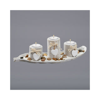 Maritimes Teelichthalter Set in antik-weiß, ca.39 cm auf Blatt Tablett mit Kerze