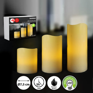 3er Set LED Kunststoffkerzen "Outdoor" mit flackerndem Licht warmweiß 5h Timer
