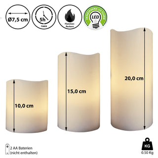 3er Set LED Kunststoffkerzen "Outdoor" mit flackerndem Licht warmweiß 5h Timer