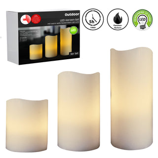 3er Set LED Kunststoffkerzen "Outdoor" mit flackerndem Licht warmweiß 5h Timer