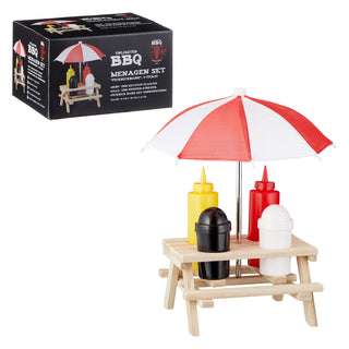 6tlg. - Menagen Set "Picknick Bank" Ketchup- Senfflasche Salz- Pfefferstreuer