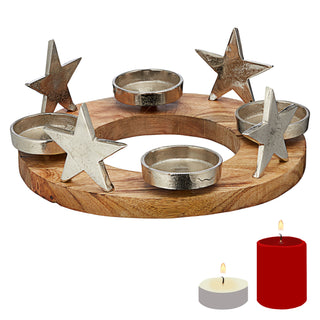 Runder Adventsleuchter aus Holz mit Sternen ca. Ø30 cm