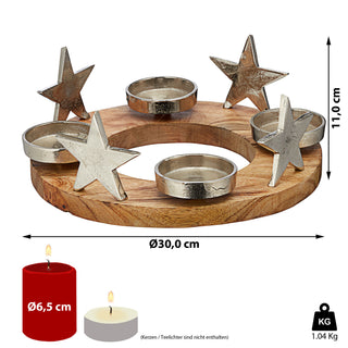 Runder Adventsleuchter aus Holz mit Sternen ca. Ø30 cm
