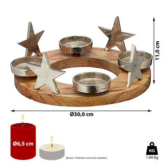 Runder Adventsleuchter aus Holz mit Sternen ca. Ø30 cm