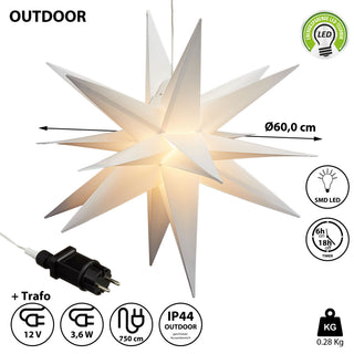 Leuchtstern 3D aus PVC LED Weihnachststern XL zum hängen beleuchtet mit Timer